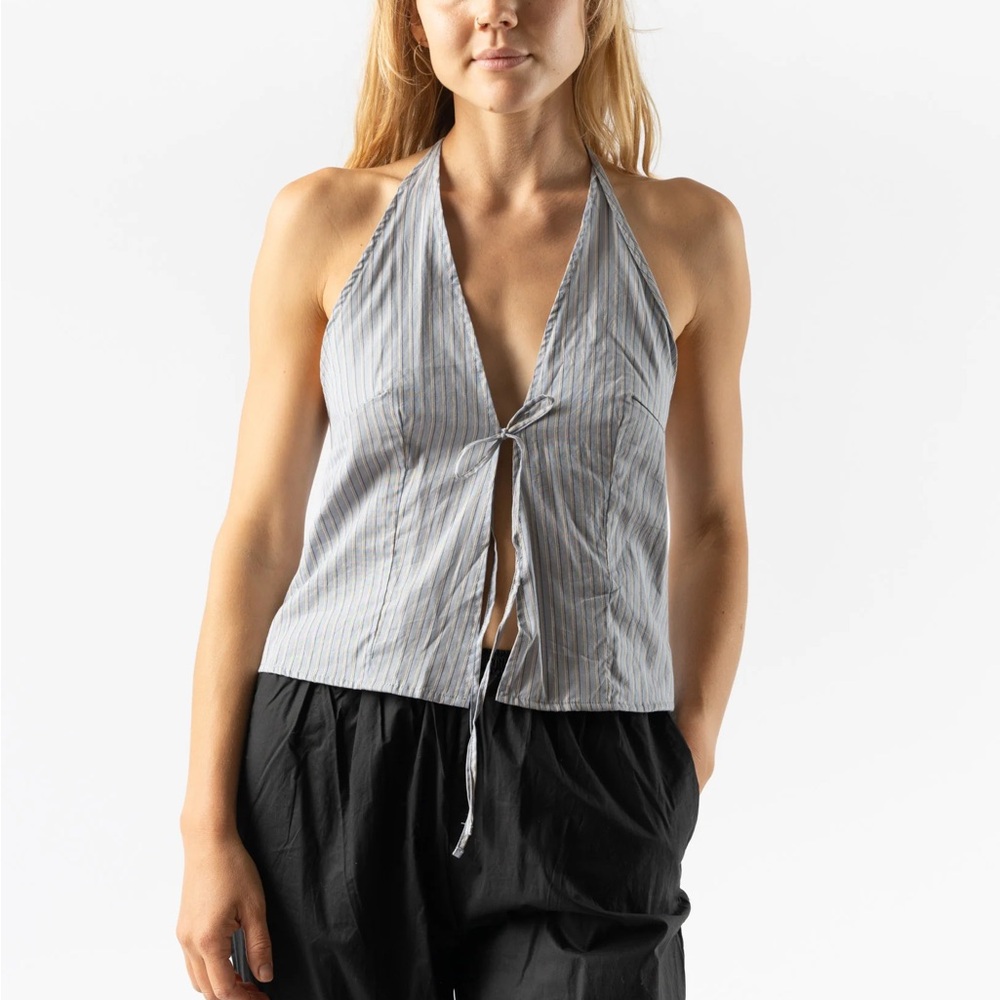 Deiji Studios XS Glacier Stripe Open Halter Top Tie Cotton